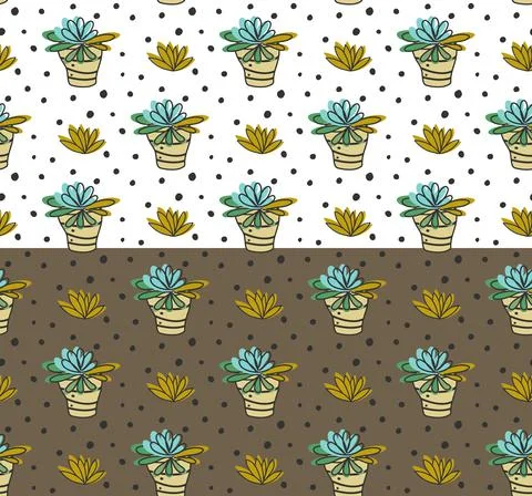 Home plants, dots seamless pattern. Hand drawn cute cartoon style design. Vector 스톡 일러스트