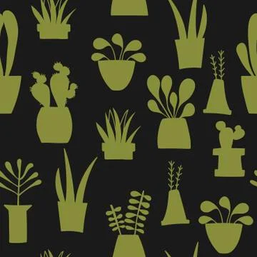 Home plants in pots. Seamless pattern on dark background. Stock Illustration