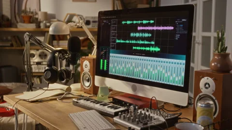 Home Podcast Studio Setup Displaying Computer with Audio Editing Software Video stock 337497916