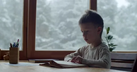 Home portrait of school boy studying at home while coronavirus pandemic slow Stock Footage 147376196