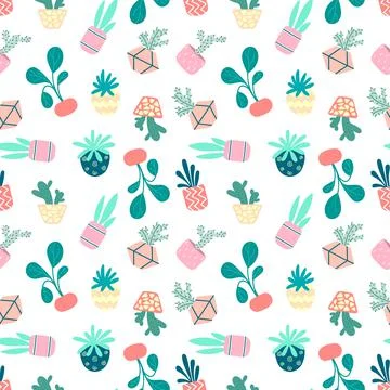Home potted plants seamless pattern. Indoor flower Stock Illustration