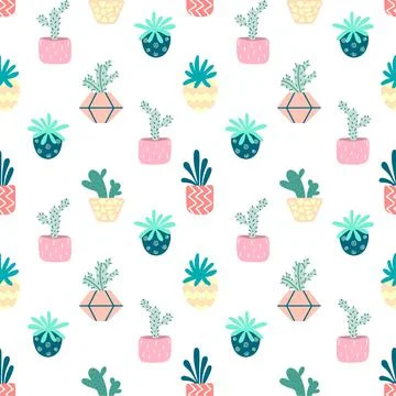 Home potted plants seamless pattern Indoor flowers 스톡 일러스트