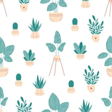 Home potted plants seamless pattern. Houseplants. Home interior. Иллюстрация