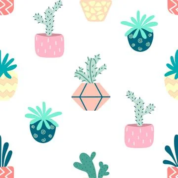 Home potted plants seamless pattern.Indoor flowers 스톡 일러스트