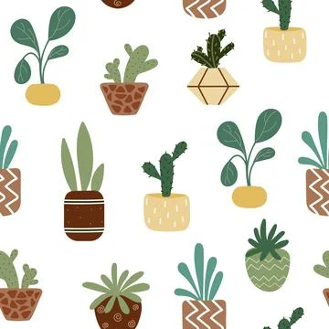 Home potted plants seamless pattern.Indoor flowers 스톡 일러스트