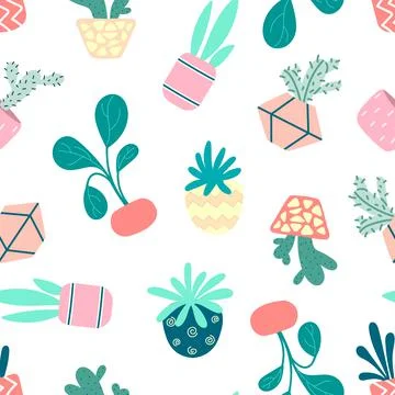 Home potted plants seamless pattern.Indoor flowers 스톡 일러스트