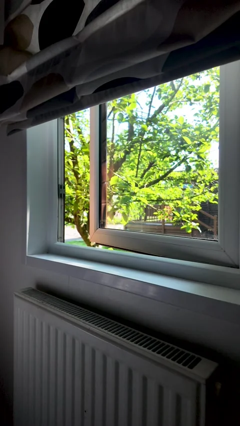 Home Radiator Below Open Window Looking Out to Green Garden Tree. vertical video Stock Footage 340911851