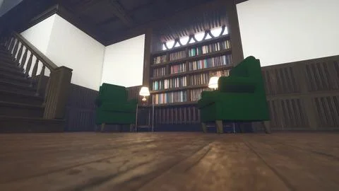 Home reading area with classic wooden bookshelves, green armchairs and staircase Stockillustratie