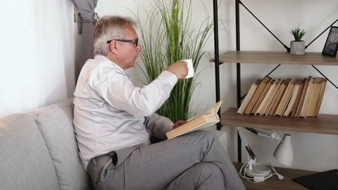 Home reading weekend leisure middle-aged man book Stock Footage 231149423