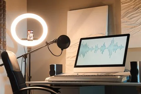 Home recording studio setup with microphone, ring light, smartphone, computer Stock Photos