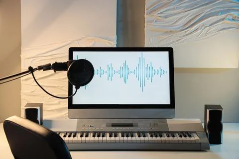 Home recording studio setup with microphone, computer monitor displaying audi Stock Photos