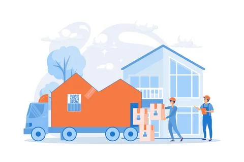Home relocation, client boxes and cardboard containers in truck. Moving hou.. Stock Illustration