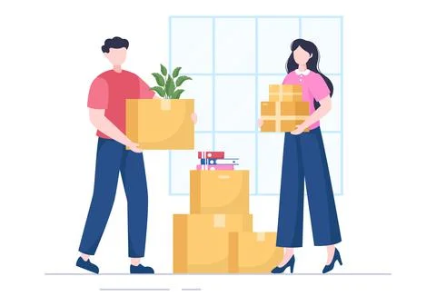 Home Relocation or People Moving with Cardboard Packaging Boxes or Pack Belon Illustrazione stock