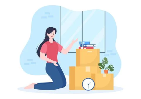 Home Relocation or People Moving with Cardboard Packaging Boxes or Pack Belon Illustrazione stock