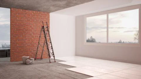 Home renovation, restructuring process, repair and wall painting, new house c Stock Illustration