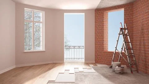 Home renovation, restructuring process, repair and wall painting, constructio Stock Illustration