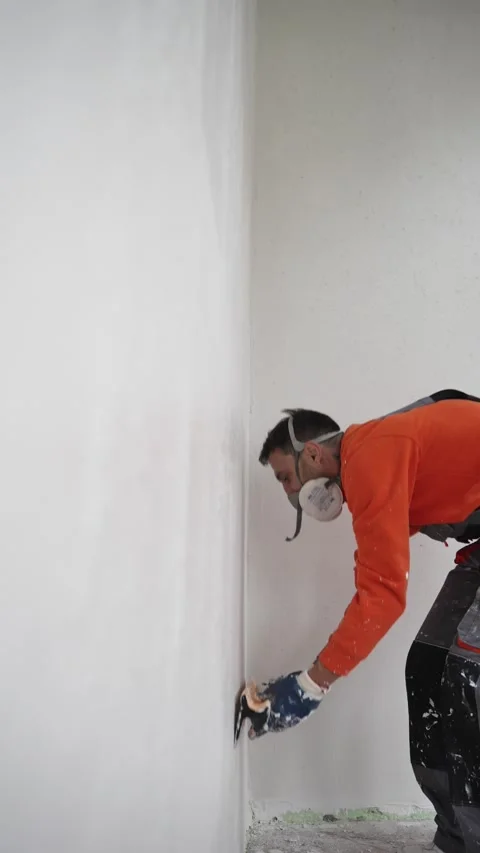 Home Renovation Scene Man Plastering and Leveling Wall Surface Using Spatula and Stock Footage 320163870