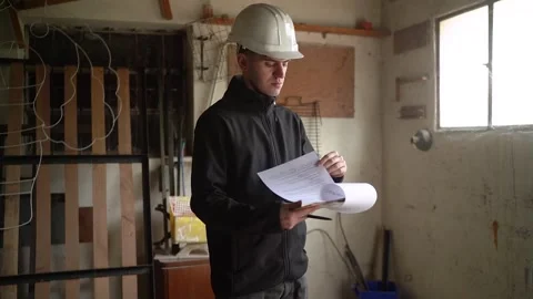Home Renovation - Young Structural Inspector Reviewing Details For House Stock Footage 253252680