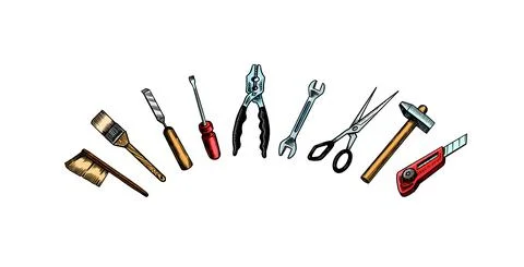 Home repair tools. Hammer, putty knife, ruler, roller, pliers, screwdriver Stock Illustration