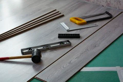 Home repairs. laminate installation tools Stock Photos
