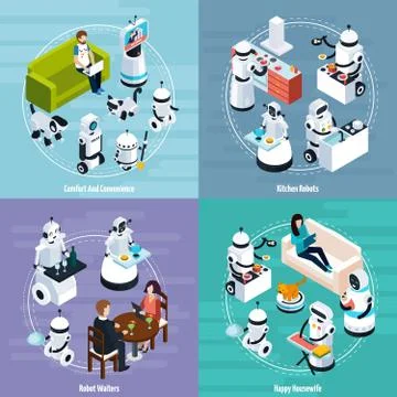 Home Robots 2x2 Isometric Design Concept 스톡 일러스트