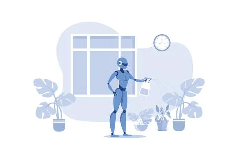 Home Robots Help in Everyday. Robotic Watering, Spraying and Caring for Plant Stock Illustration