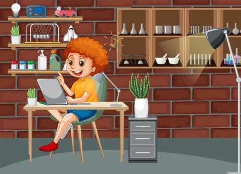 At home scene with A boy using laptop Stock Illustration