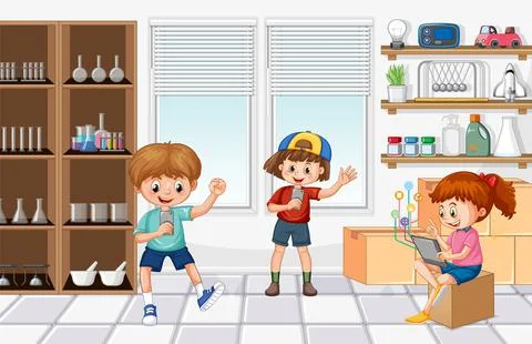 At home scene with children browsing internet Illustrazione stock