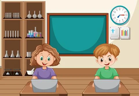At home scene with children using their laptops Stock Illustration