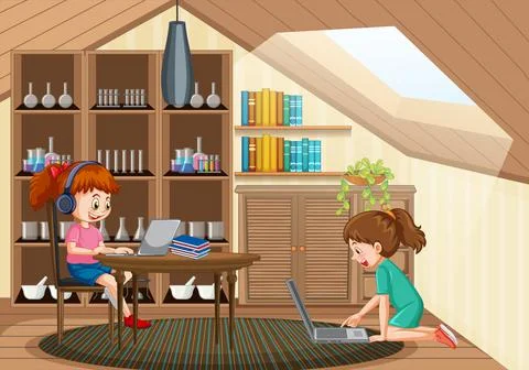 At home scene with children using their laptops Illustrazione stock