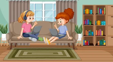 At home scene with children using their laptops Stock Illustration