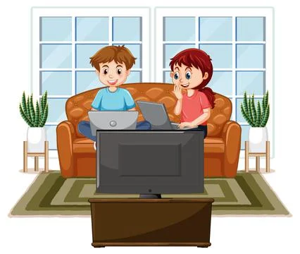 At home scene with children using their laptops Illustrazione stock
