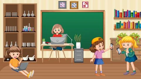 At home scene with children using their laptops Stock Illustration