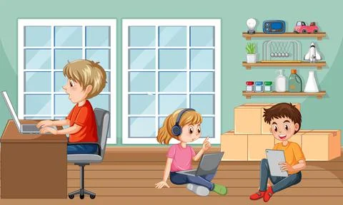 At home scene with children using their laptops Illustrazione stock