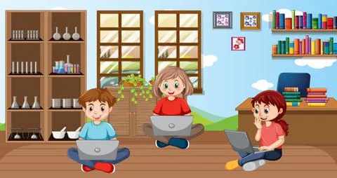At home scene with children using their laptops Illustrazione stock