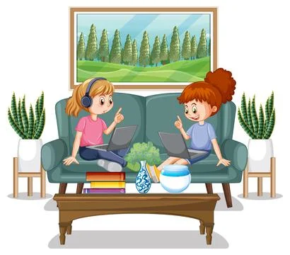 At home scene with children using their laptops Illustrazione stock