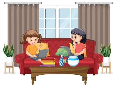 At home scene with children using their laptops Illustrazione stock