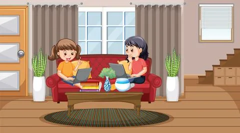 At home scene with children using their laptops Illustrazione stock