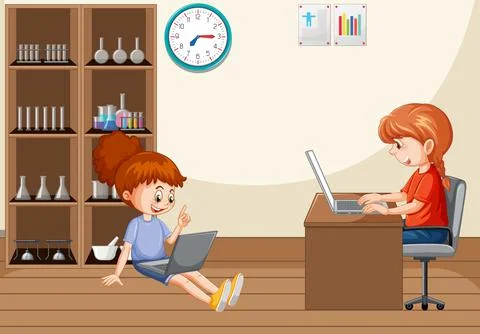 At home scene with children using their laptops イラスト素材