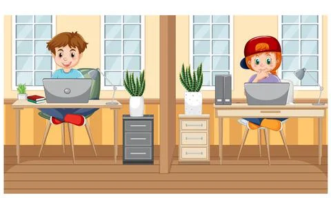 At home scene with children using their laptops Illustrazione stock