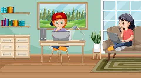 At home scene with children using their laptops Illustrazione stock