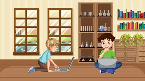 At home scene with two boys using their laptops Stock Illustration