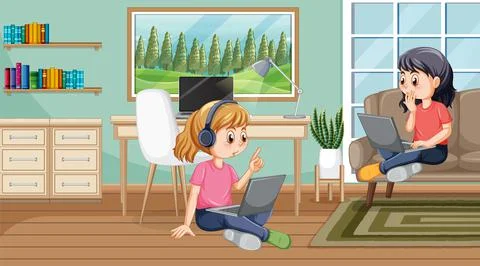 At home scene with two girls using their laptops Illustrazione stock
