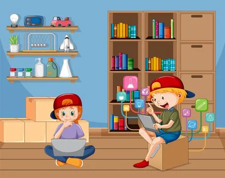 At home scene with two kids using their laptops Stock Illustration