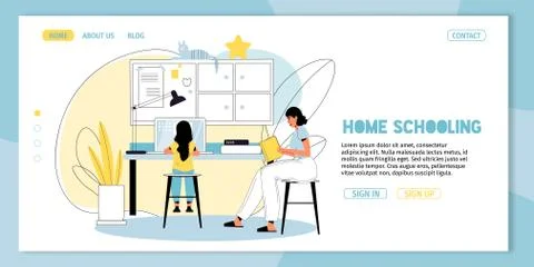 Home schooling e-learning for kid landing page Stock Illustration