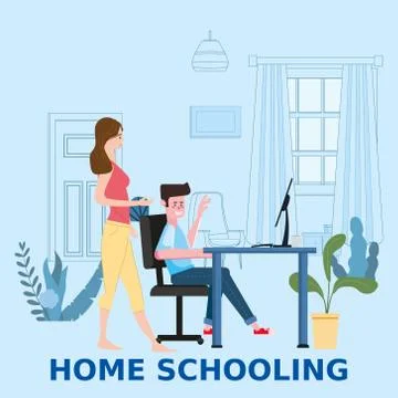 Home Schooling Online boy studying with computer and mother. The concept of E Stock Illustration