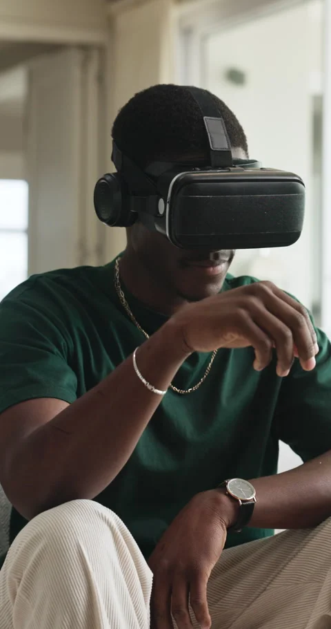 Home, scroll and black man with virtual reality glasses for cyberspace, Stock Footage 332988669