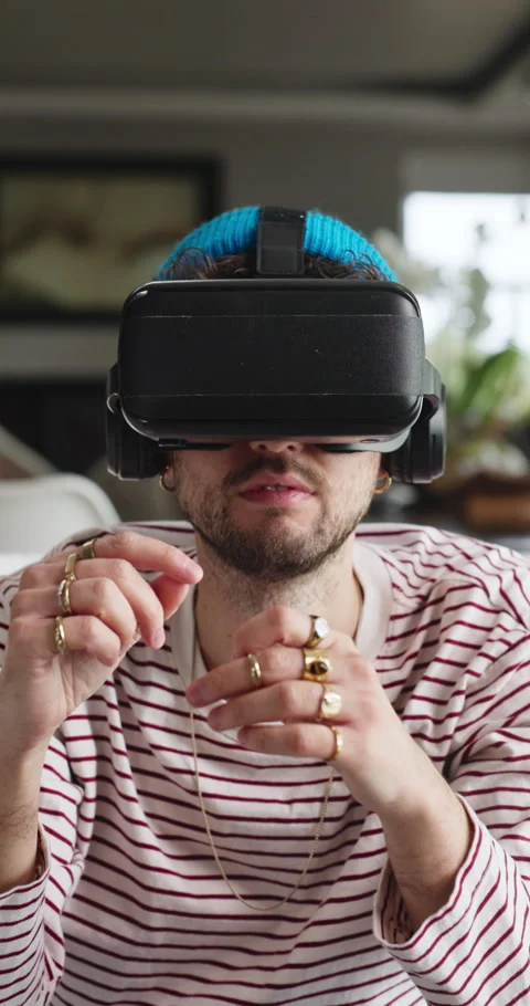 Home, scroll and man with virtual reality glasses for cyberspace, metaverse and Stock Footage 332990343