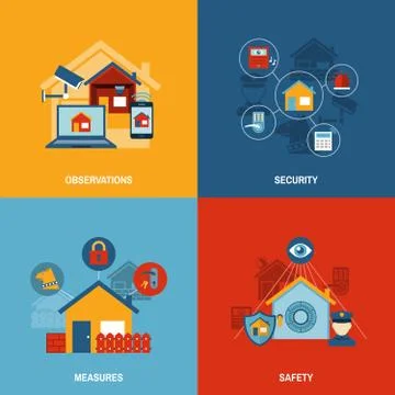 Home security 4 flat icons square Stock Illustration