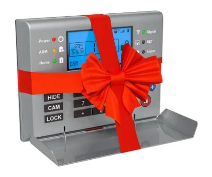 Home security alarm system with bow and ribbon, gift concept. 3D rendering Stock Illustration